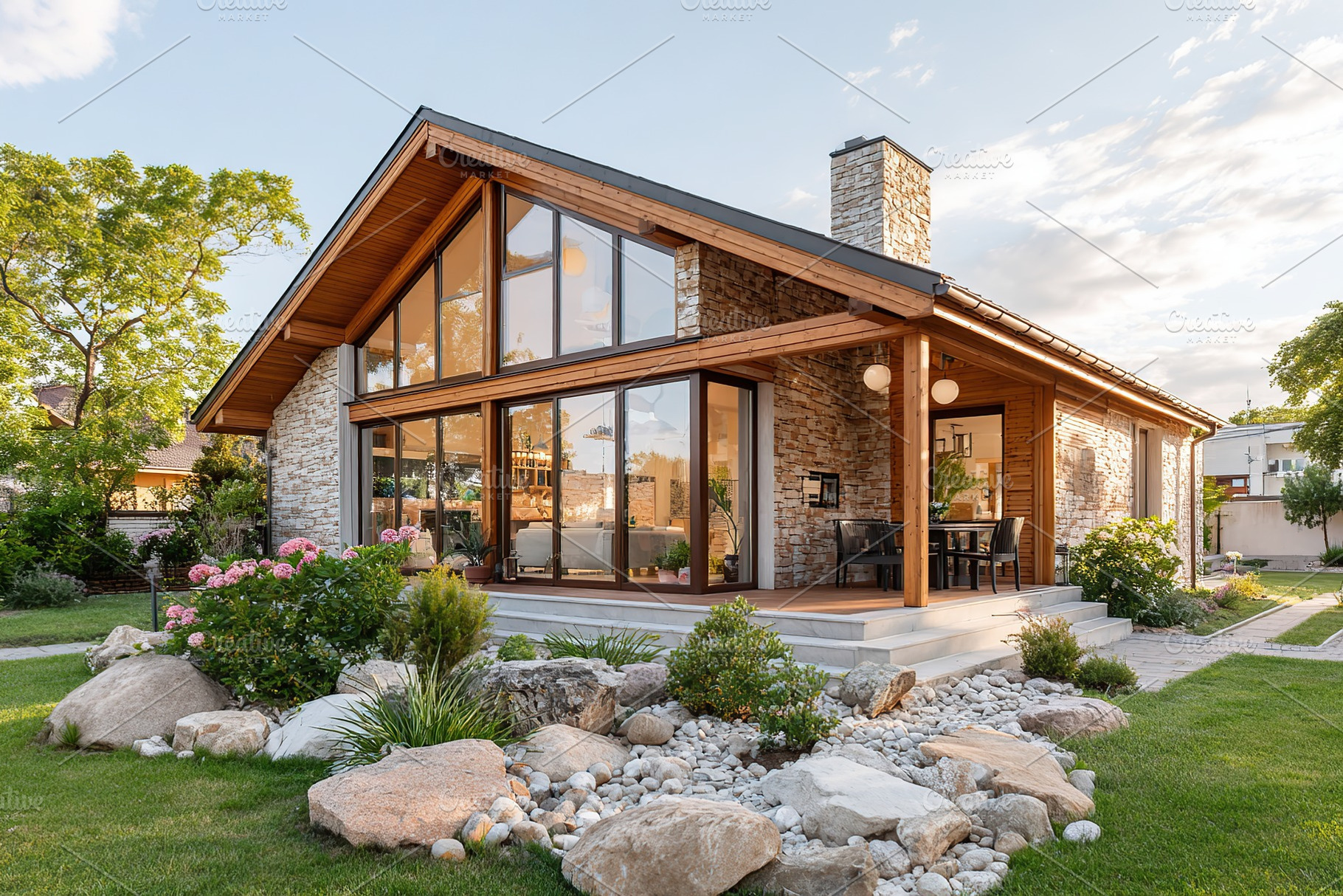 Modern country house with large windows and stone accents in a tranquil garden, a Photo by AlyaAnd