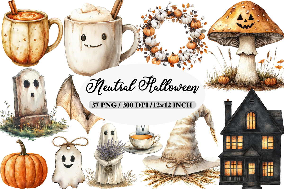Watercolor Neutral Halloween Clipart, an Illustration by Daily.Designs (Photo 1 of 5)