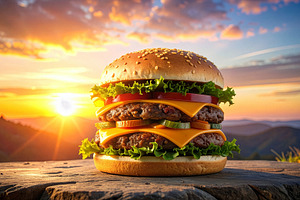 Double cheeseburger with melted cheese and fresh toppings on a rustic table at