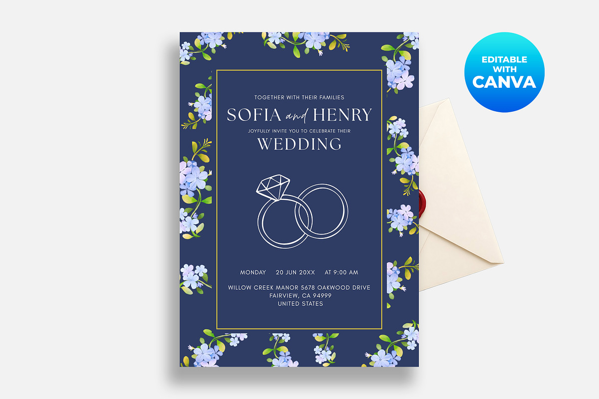 Navy Blue Floral Wedding Invitation, an Invitation Template by M9 Design (Photo 1 of 5)