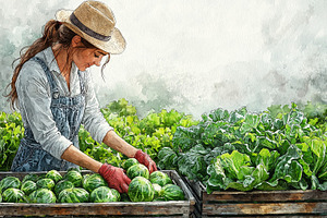 Female farmer arranging fresh vegetables in wooden crates in a green field, a Photo by AS photostudio