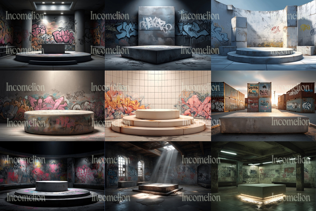 40 Graffiti Podium Mockups, a Background Graphic by Incomelion (Photo 9 of 9)