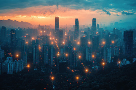 City skyline at dusk with glowing li, a Photo by Tanuart