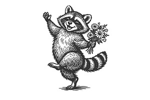 Happy raccoon holding flowers in vin, an Animal Illustration by AlexArt