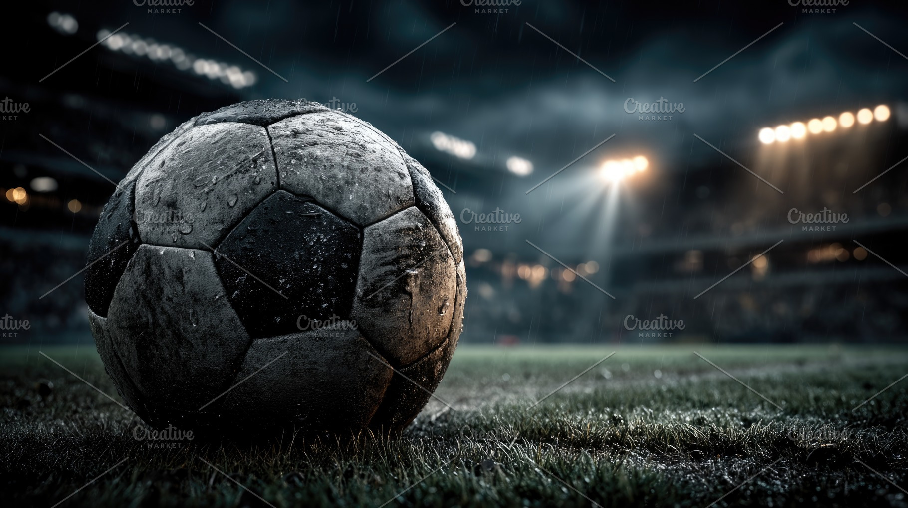 Wet Soccer Ball on Rainy Stadium Field with Dramatic Night Flood, a Sports & Recreation Photo by José Manuel Gelpi