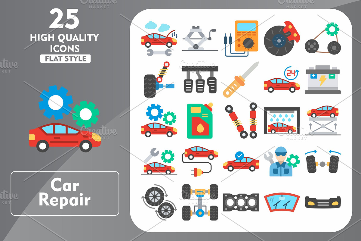 Car Repair 25 Flat Icons, an Icon by Pexelpy
