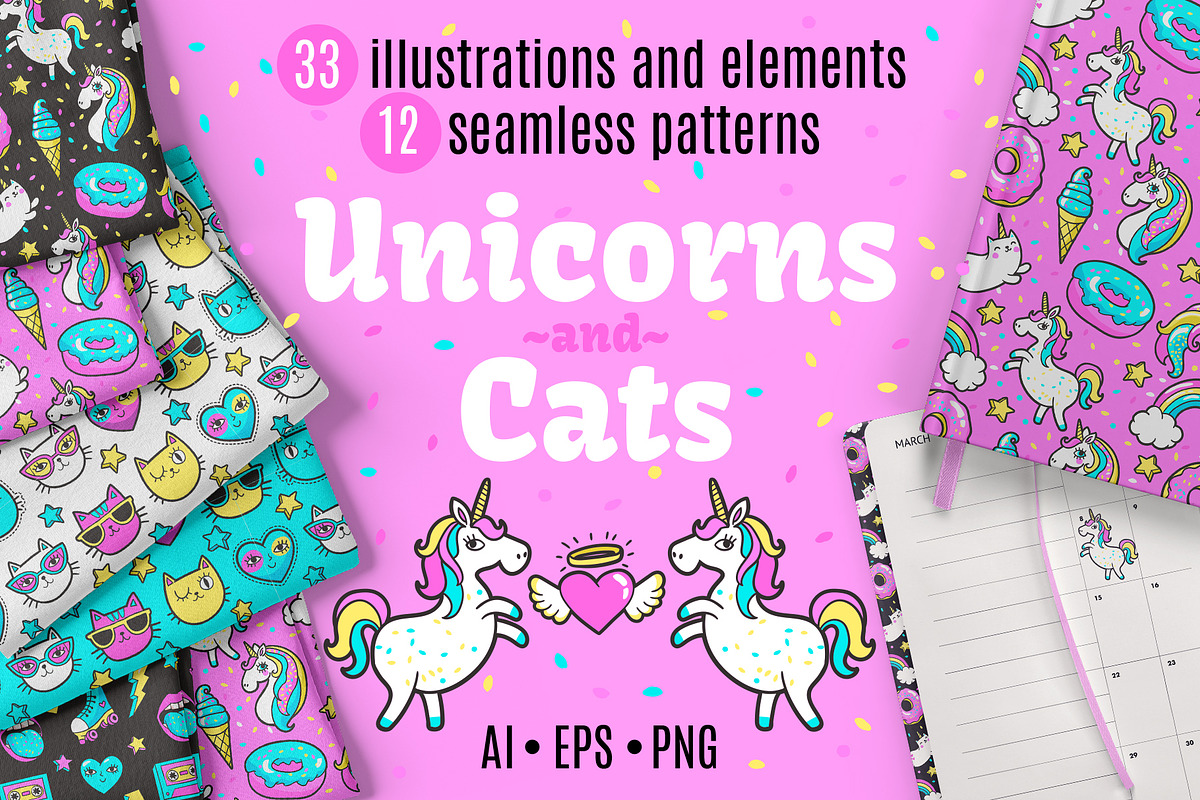 Unicorns and Cats Clipart + Patterns, an Illustration by Martyshova (Photo 1 of 7)