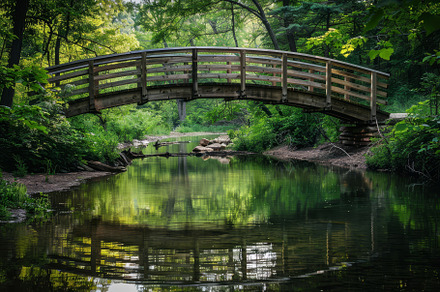 A wooden bridge spans over a calm st, a Photo by Iftikhar Alam