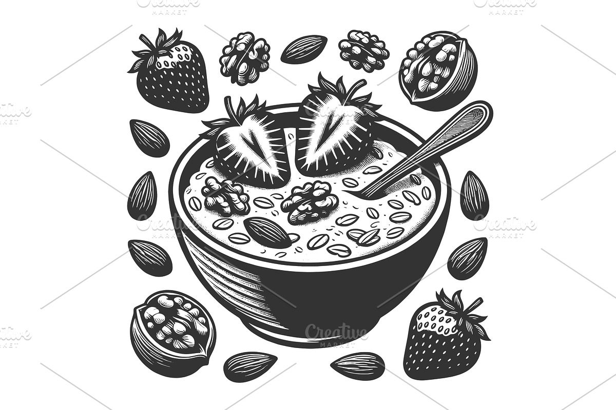 Healthy Oatmeal Bowl with, a Food Illustration by AlexArt