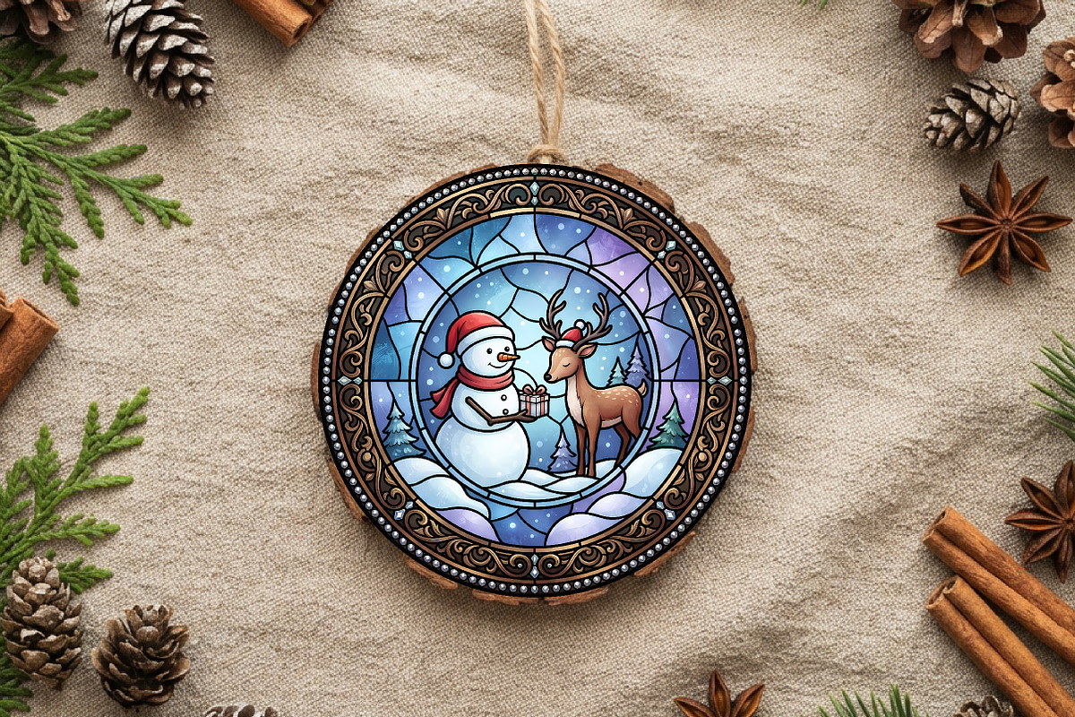 Stained Glass Snowman Deer Ornament, a Seasonal Illustration by CrexoraLab (Photo 2 of 3)