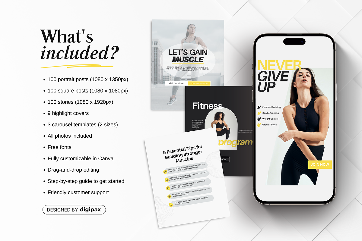 Fitness Instagram Templates Bundle, a Social Media Template by DigiPax (Photo 2 of 12)