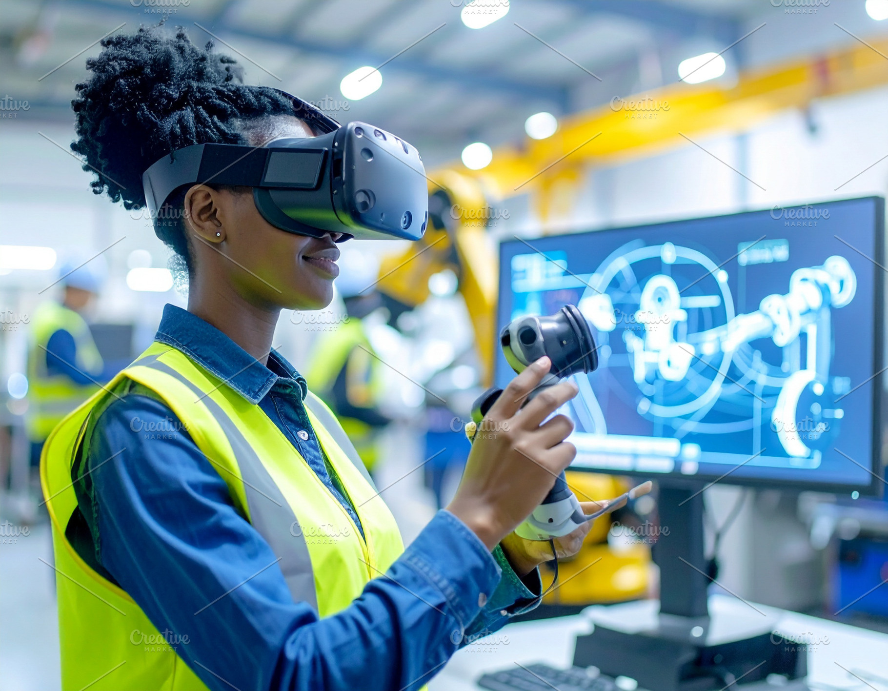 Worker in an industrial inside a factory uses AR glasses to acce, a Technology Photo by DanFLCreativo