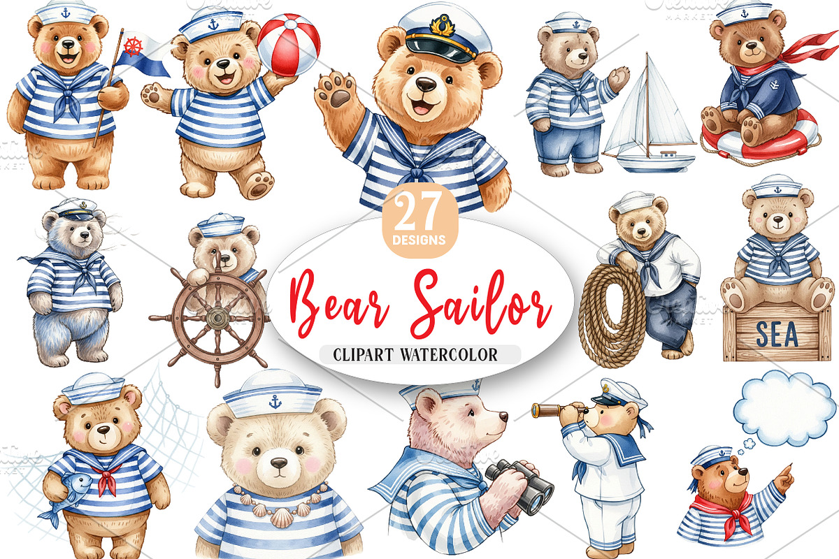 Bear Sailor Clipart, Nautical png, an Illustration by Watercolor design (Photo 1 of 5)