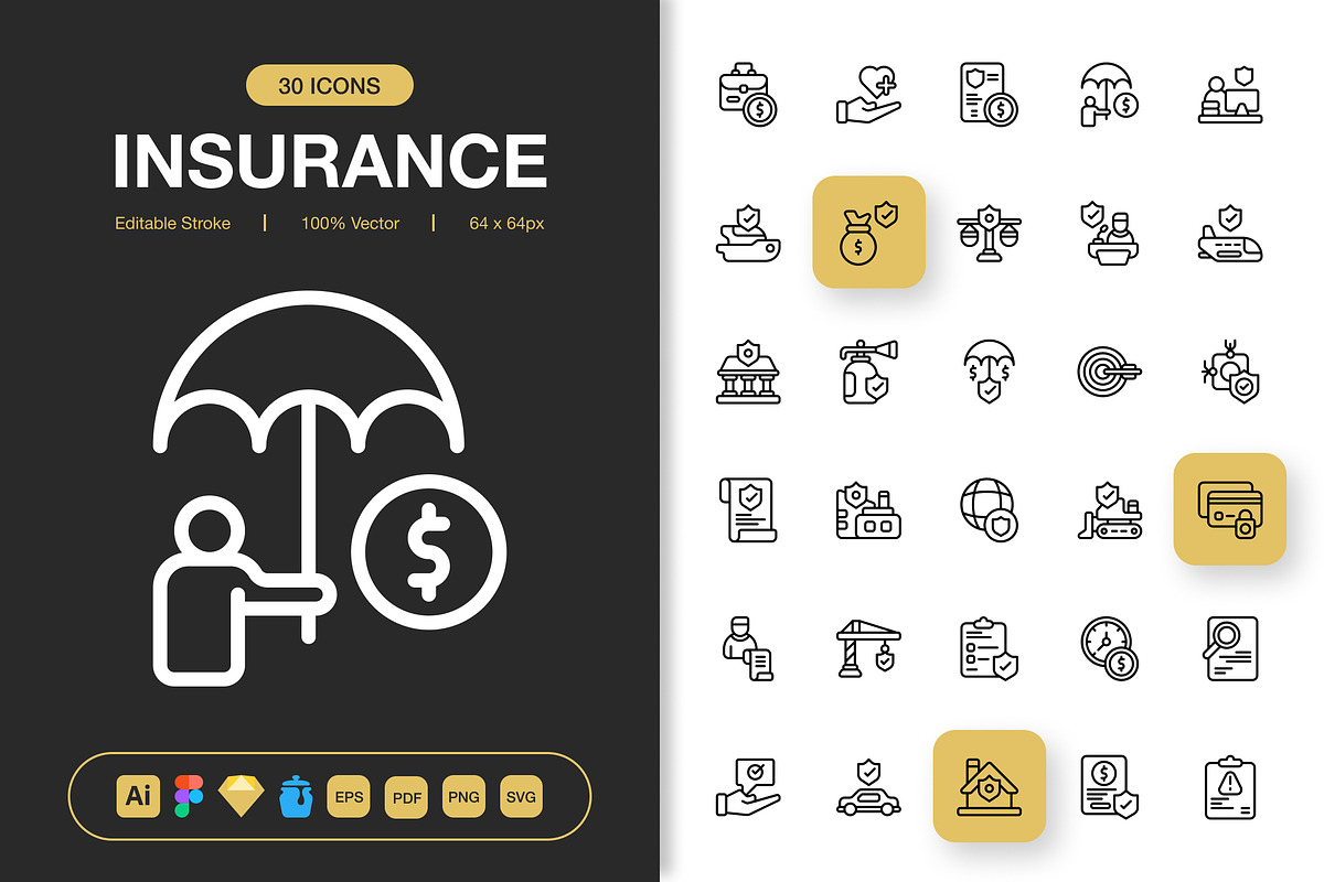 Insurance Icons, an Outline Icon by Spacepixel Creative