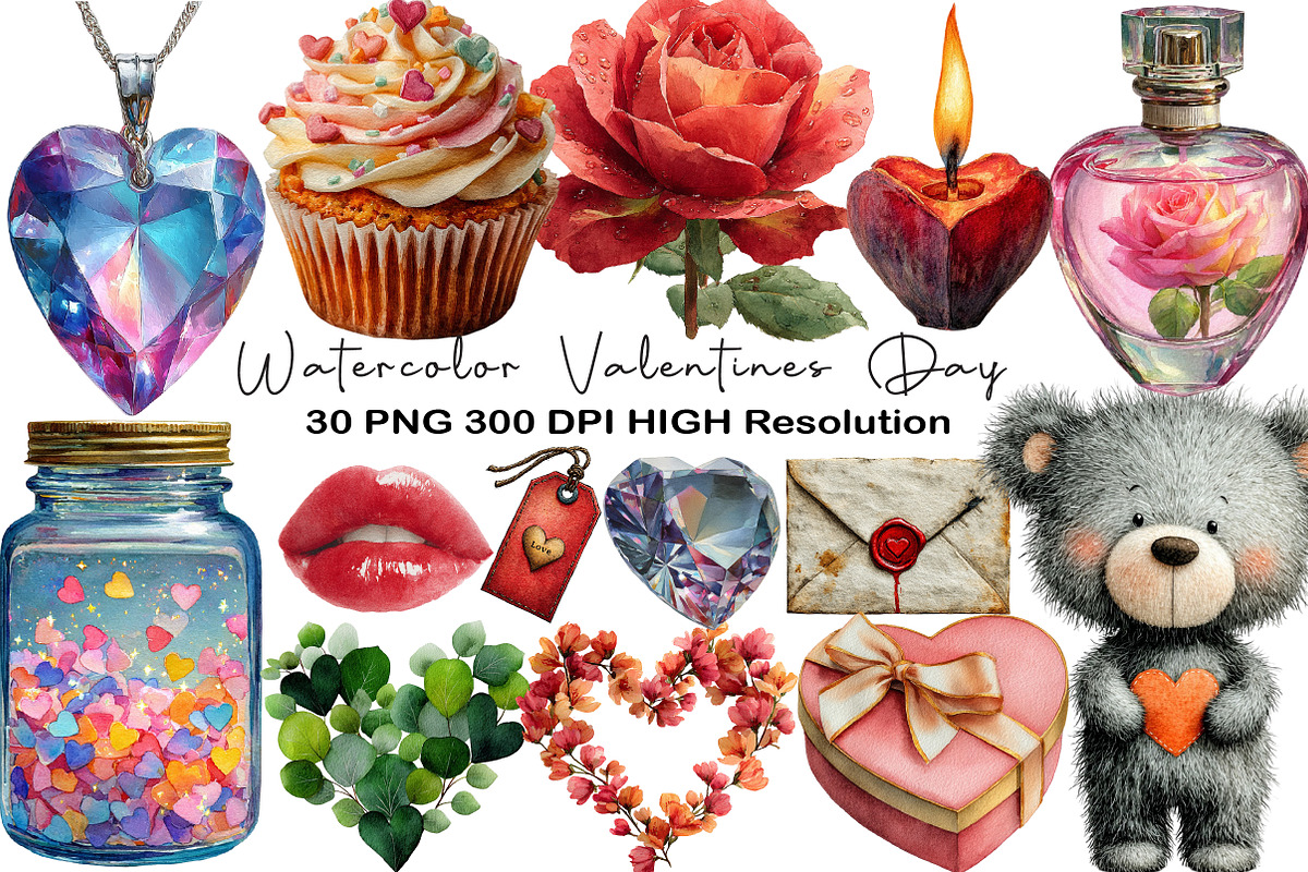 Watercolor Valentines Day Clipart, an Illustration by Black Bird Studio (Photo 1 of 6)