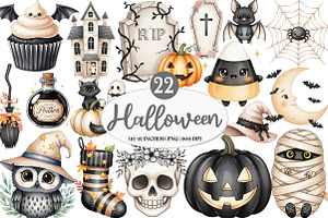 Beige & Black Halloween Clipart, an Illustration by Watercolor design