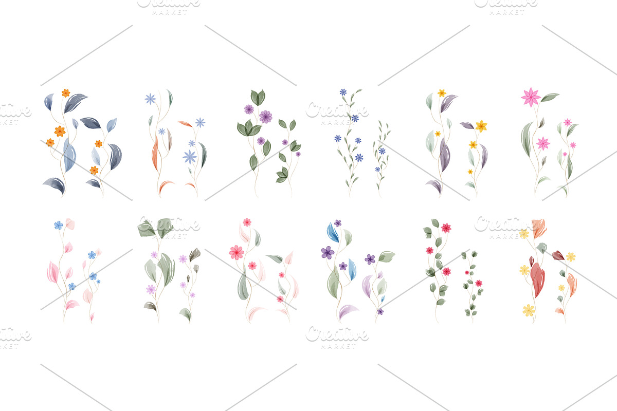 Watercolor leaves and small flowers, an Object Illustration by okskukuruza