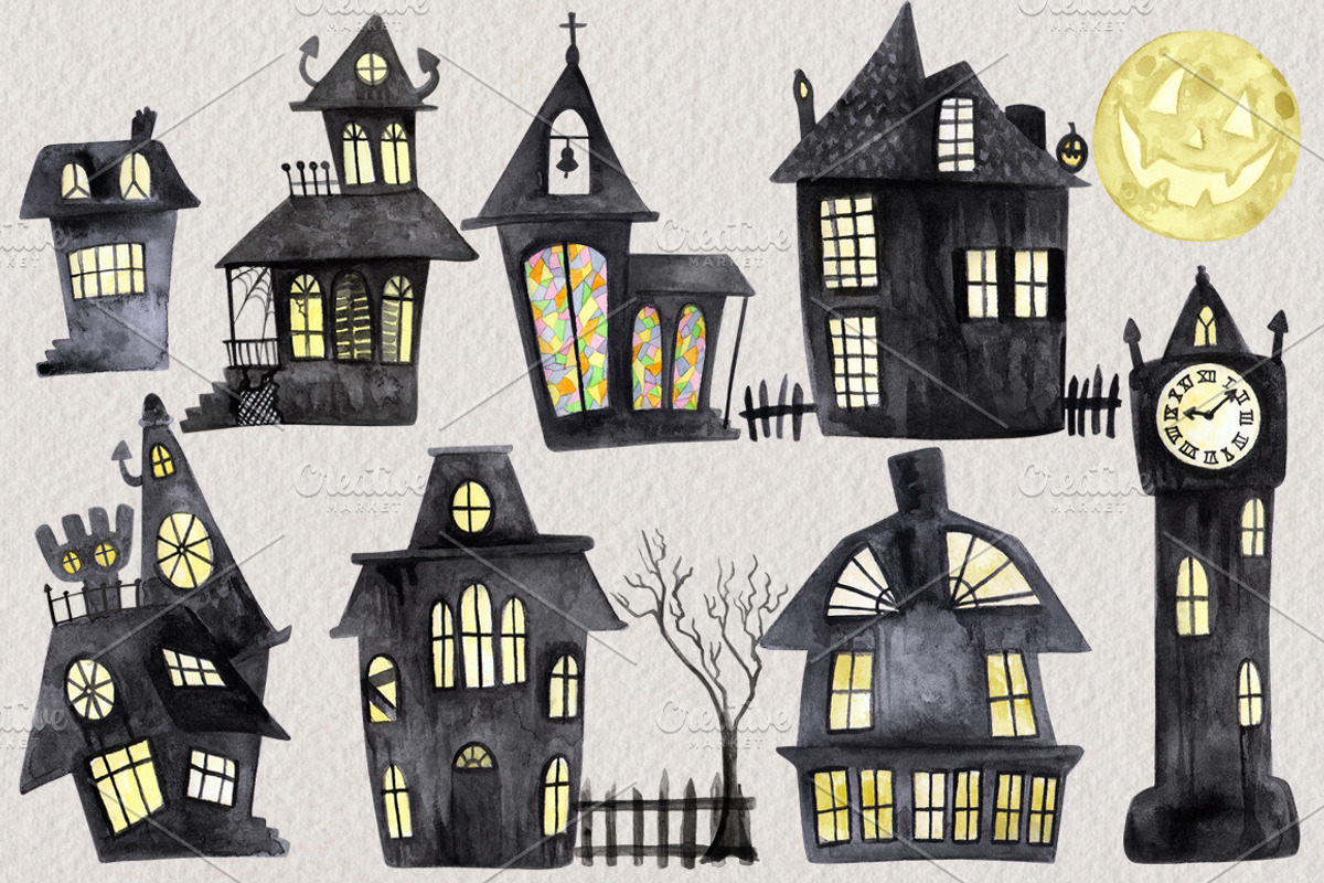 Watercolor Halloween Village Set, a Decorative Illustration by Dapper ...