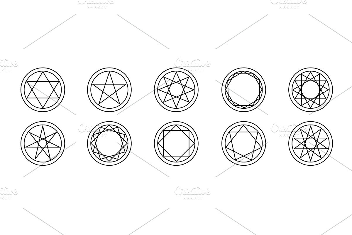 Geometric pentagram symbols with, an Illustration by skripnikbb