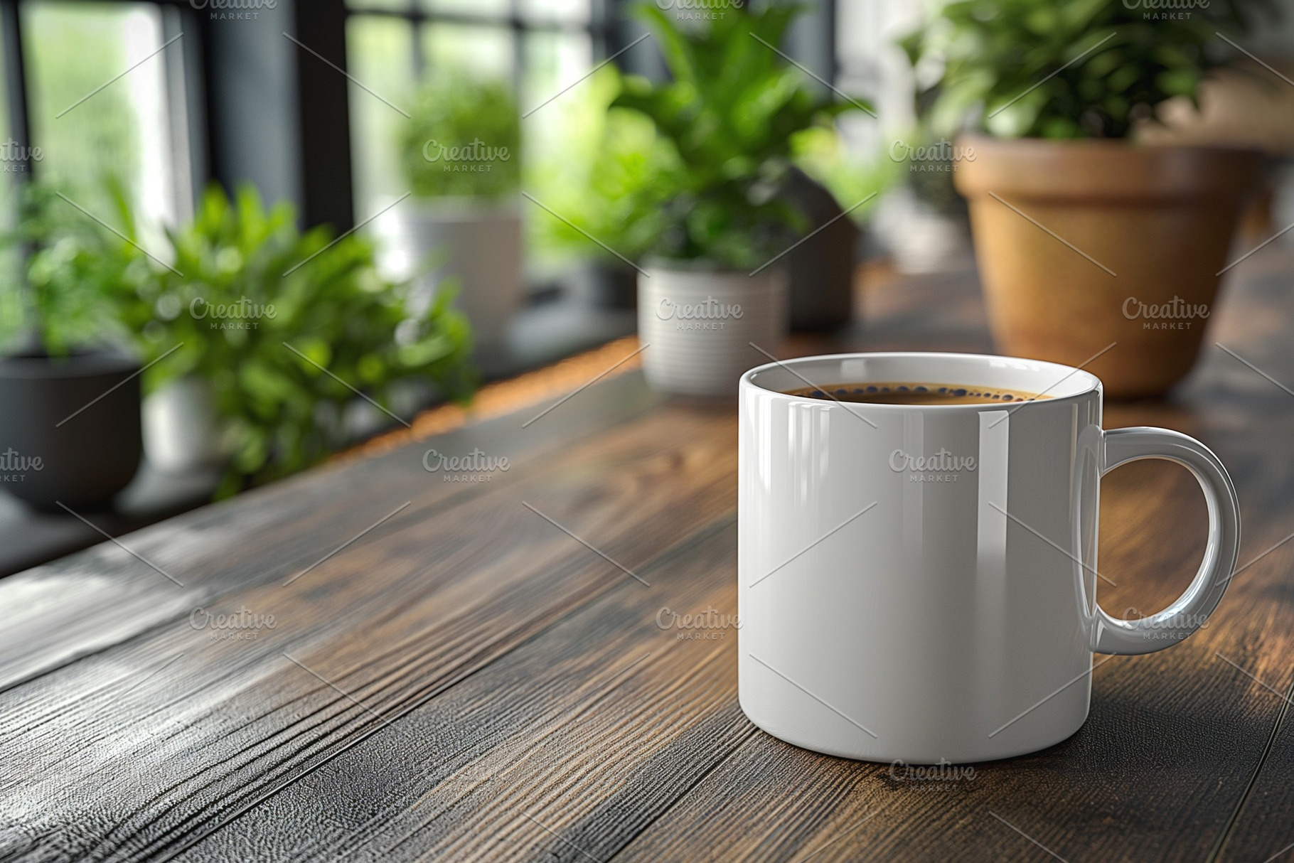 A white coffee mug sits on a rustic wooden table, surrounded by indoor plants,, a Business Photo by ImageMir