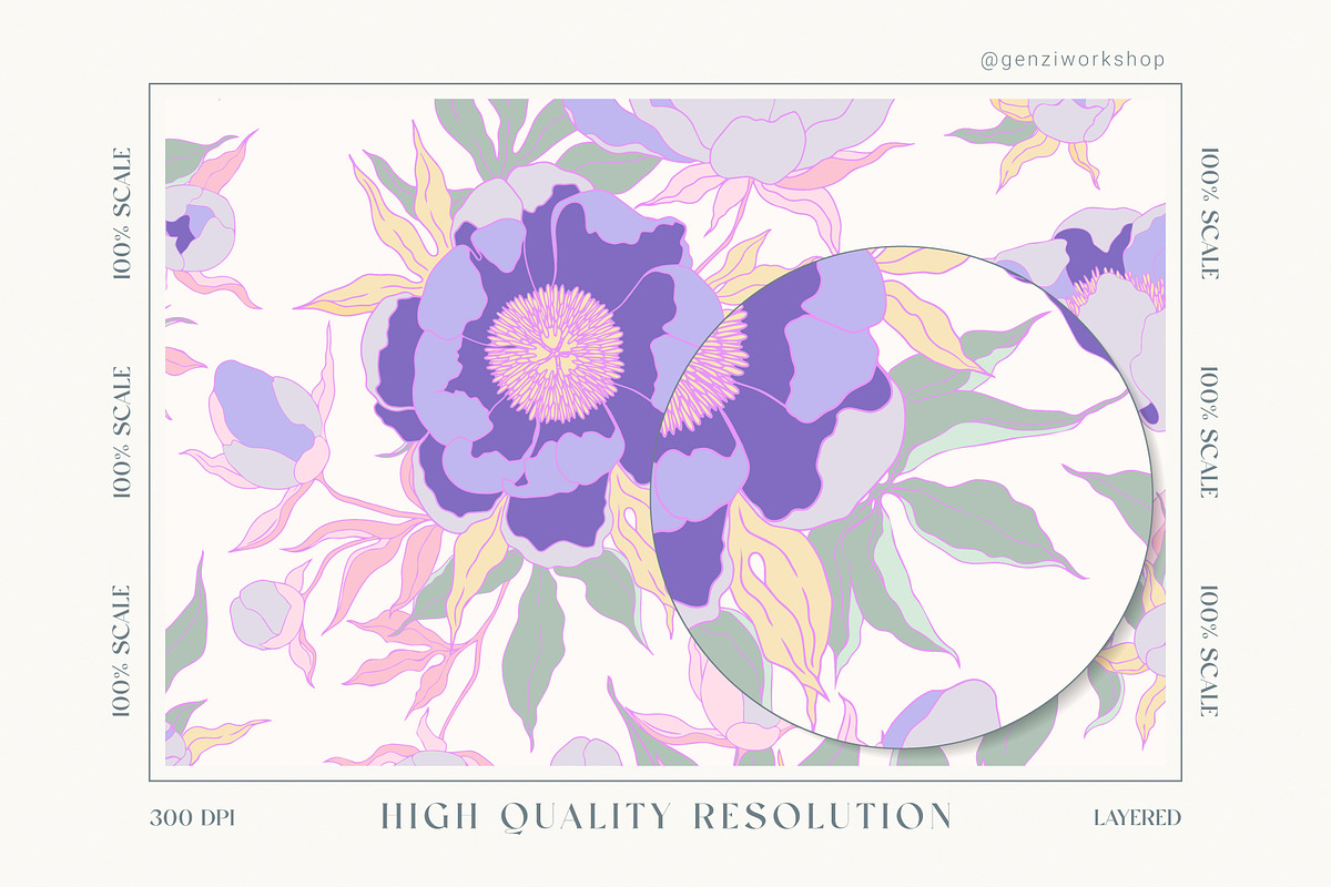Seamless pattern set with peonies., a Decorative Illustration by GenziWorkshop (Photo 11 of 12)