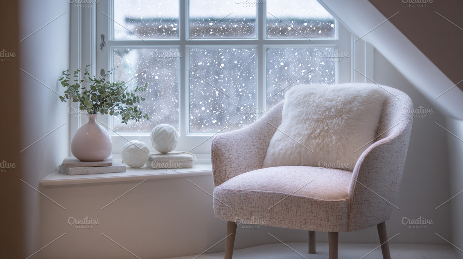 Cozy armchair with fluffy pillow by window, watching snow fallin, a Photo by Studio ANNA