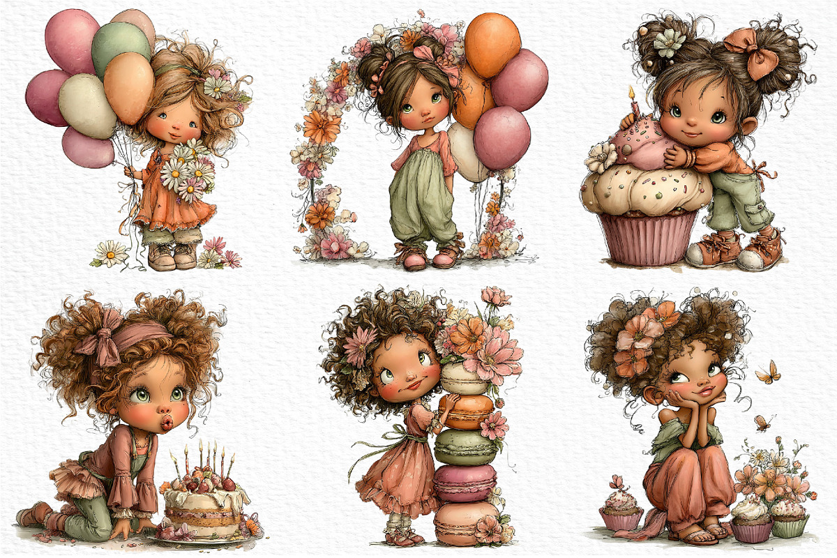 Whimsical Birthday Girls Clipart, a Seasonal Illustration by Craft Nest (Photo 4 of 6)