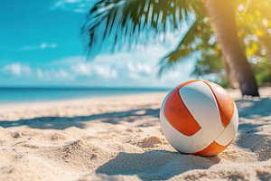 Beachfront volleyball rests on warm sand under clear blue skies, a Sports & Recreation Photo by AlyaAnd