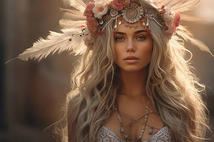 A young bohemian woman with long, wavy blonde hair adorned with a floral crown, a Beauty & Fashion Photo by Textures & Backgrounds