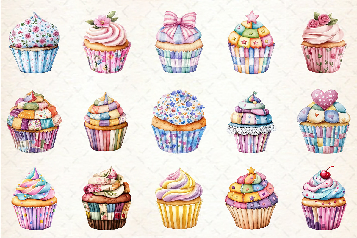 Patchwork Cupcake Clipart, an Illustration by Rose Art (Photo 2 of 4)