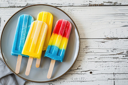 Colorful ice cream popsicles in plate on wooden background, a Food & Drink Photo by AlyaAnd
