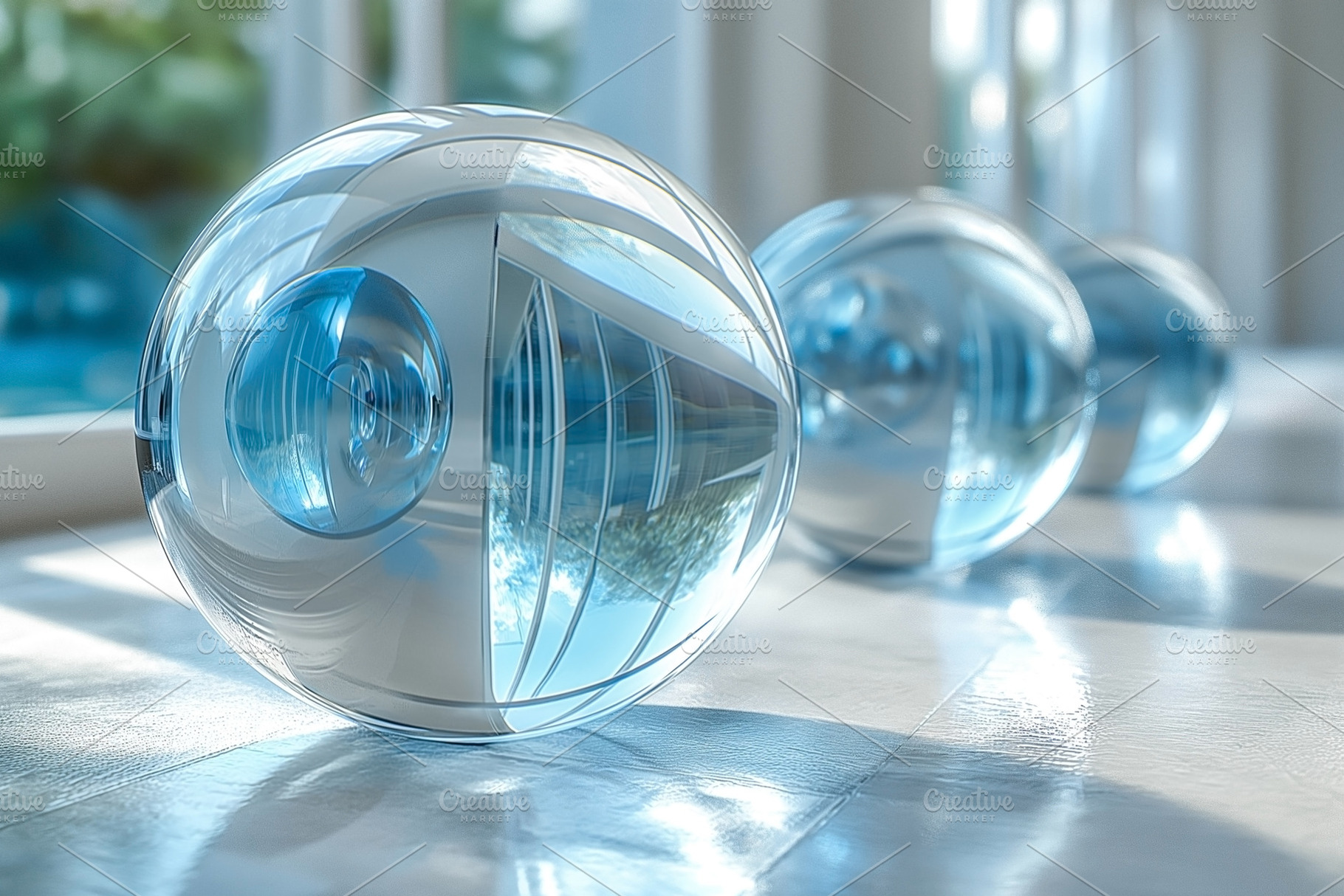 A serene arrangement of glass spheres reflecting soft blue hues, a Background Photo by ImageMir