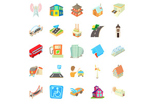 Towny Icons Set, Cartoon Style