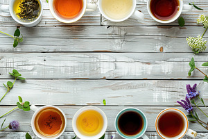 Flat lay of different cups of aromatic tea with copyspace on white wooden table, a Food & Drink Photo by AlyaAnd