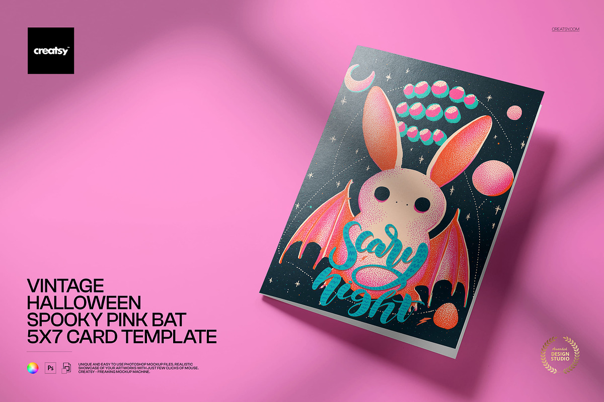 Halloween Pink Bat 5x7 Card Template, a Card Template by creatsy5 (Photo 1 of 5)