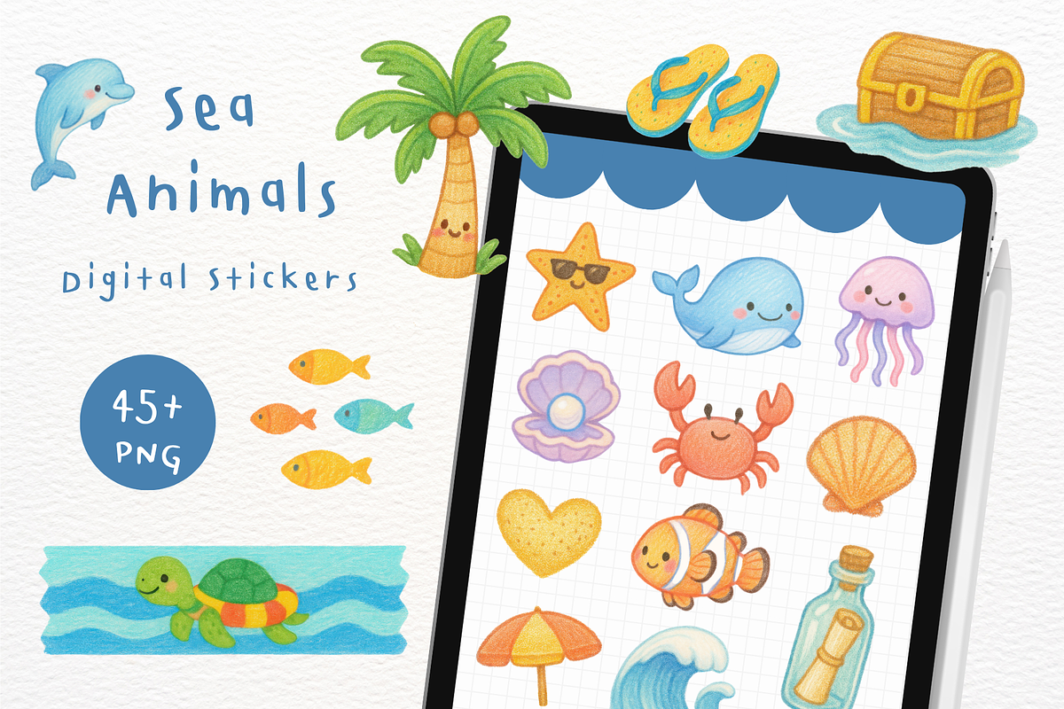 Sea Animal Goodnotes Stickers, an Illustration by mimimeow (Photo 1 of 3)