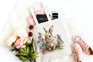 Watercolor Easter Rabbit Bunny Flowe