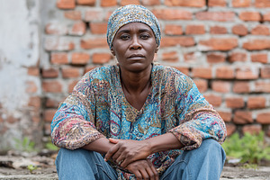 Portrait of an African woman sitting against a brick wall in a poverty-stricken, a Person Photo by AlyaAnd