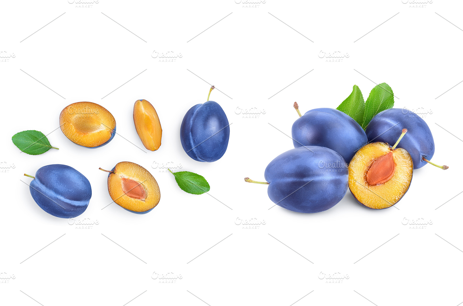 fresh blue plum and half with leaves, a Food & Drink Photo by NataPhoto