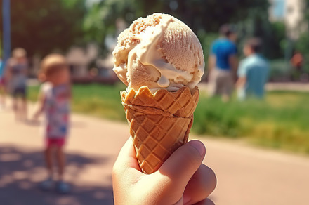 Children hand holding ice cream in waffle, outdoors. Generative AI, a Food & Drink Photo by AlyaAnd