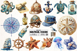 Nautical Ocean Watercolor Clipart, an Illustration by Pixels.Craft