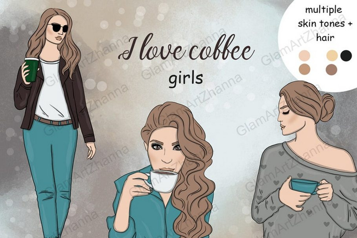 I Love Coffee Girls Clipart, a Person Illustration by GlamArtZhanna (Photo 1 of 4)