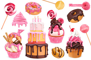 Cake, cupcakes, donuts, vector icons