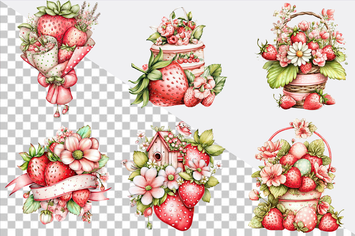 Whimsical Spring Strawberry Clipart, an Illustration by SVGArt (Photo 2 of 9)