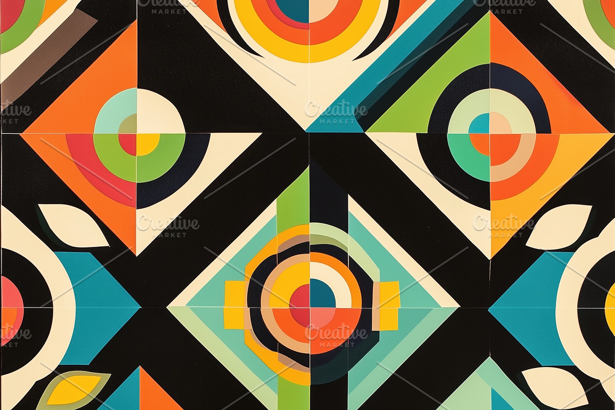 Seamless geometric pattern featuring colorful shapes including circles, squares, a Pattern Graphic by Textures & Backgrounds