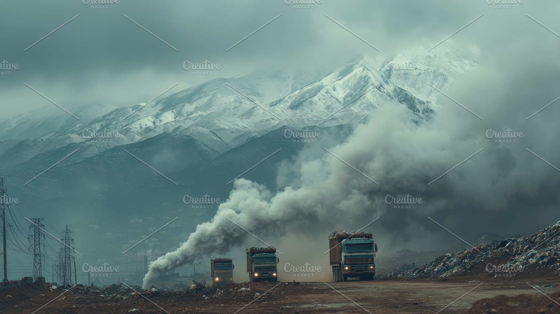 Garbage trucks mountains smoke pollu, a Photo by Pixeness Studio