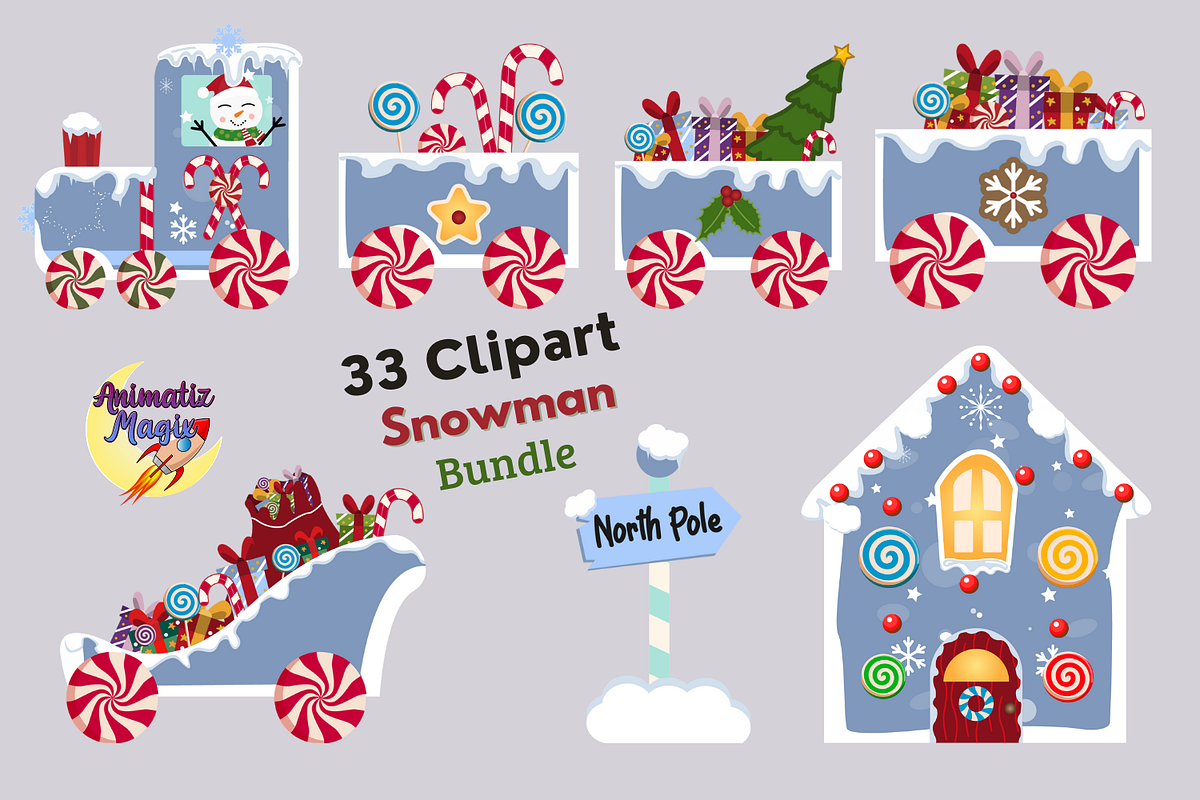Snowman Christmas Train Bundle, a Seasonal Illustration by animatizmagix (Photo 2 of 4)