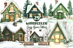 Cozy Green Winter Cottage Clipart, an Illustration by Dream Creation