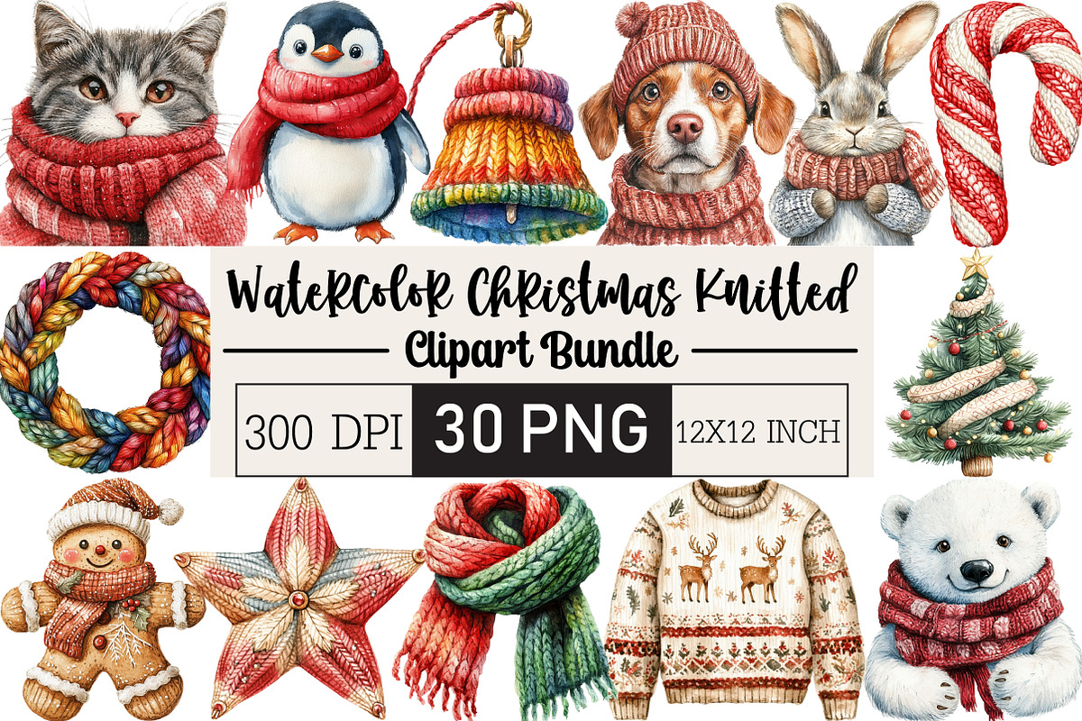 Watercolor Christmas Knitted Clipart, an Illustration by Black Bird Studio (Photo 1 of 6)