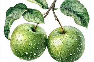 Two green granny smith apples with w, a Food & Drink Photo by Pixeness Studio